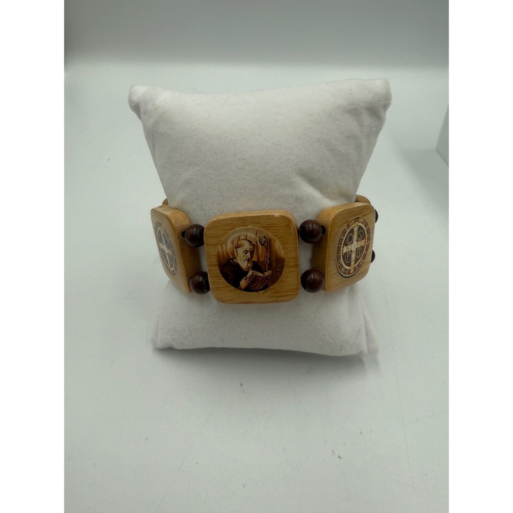 Saint Benedict Religious Wood Tile Bracelet Catholic Jubilee‎ Medal Adjustable